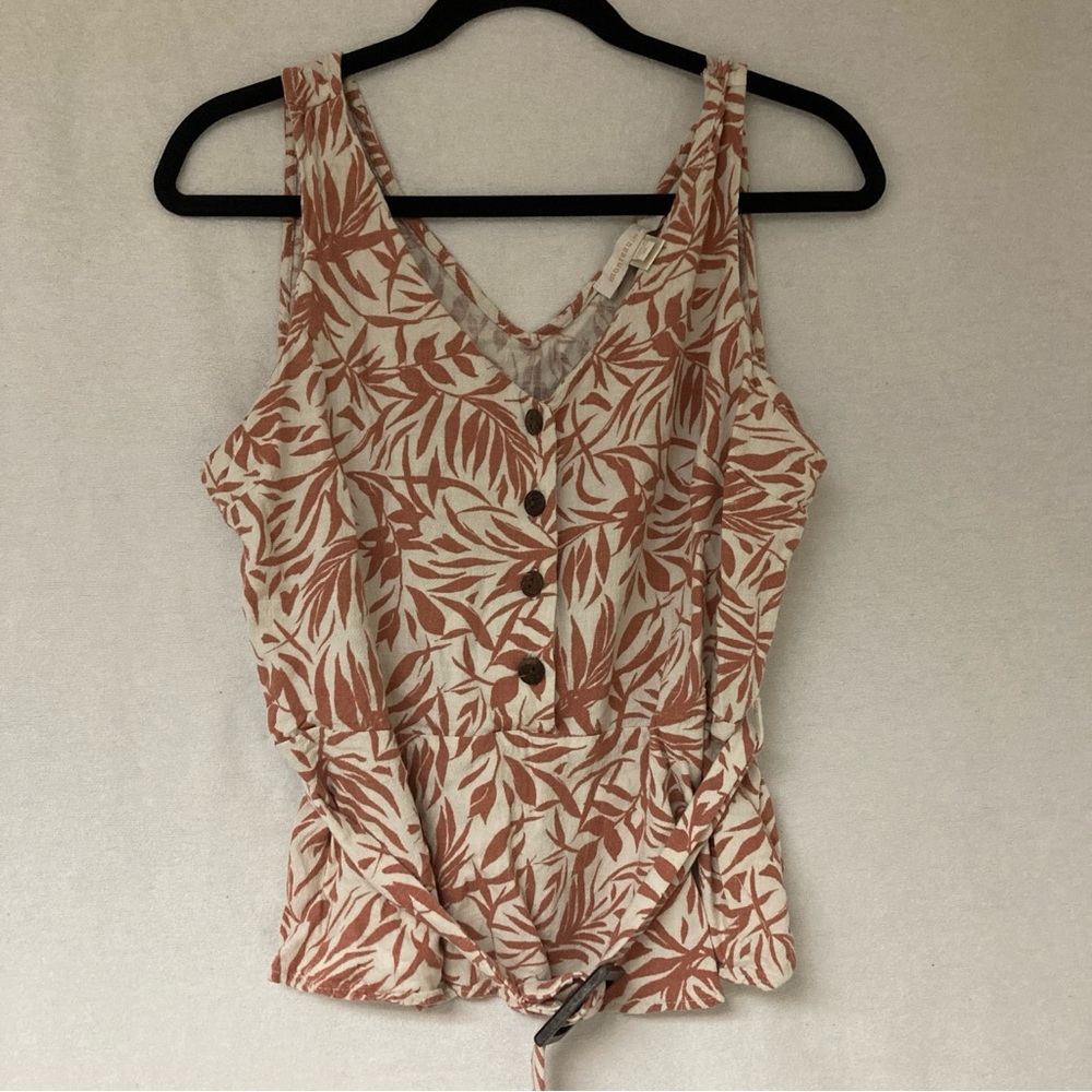 Monteau Women’s Tie Front Tank Top Brown white XL Sleeveles Elastic Waist